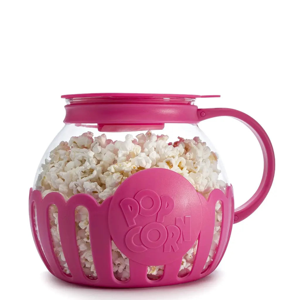 Pink microwave popcorn popper with popcorn inside.