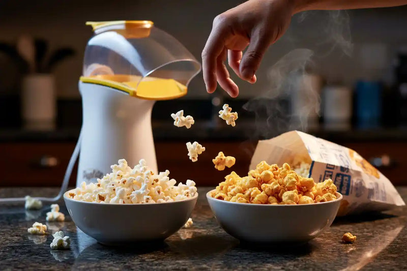Air popper vs microwave popcorn comparison with two bowls showing oil-free air-popped popcorn and buttery microwave popcorn side by side.