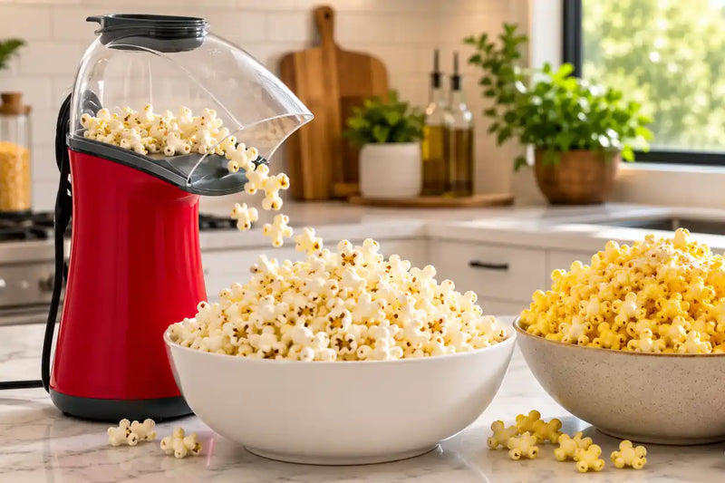Healthy hot air popcorn popper making air-popped popcorn beside buttered movie theater popcorn.