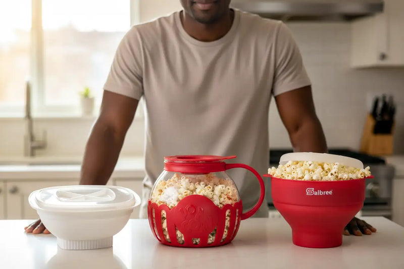 The best microwave popcorn poppers and a man standing behind them.