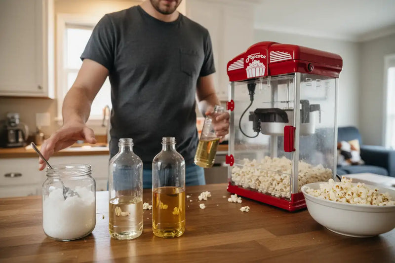 Coconut, canola, and sunflower oil beside a popcorn popper as a person chooses which oil to use.