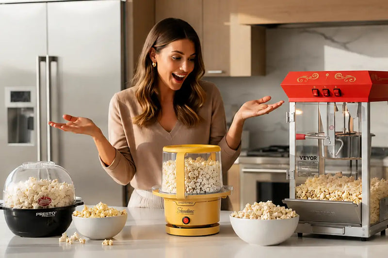 Best oil popcorn poppers comparison featuring an electric stirring popper, nonstick popper, and movie theater-style popcorn popper for home use.