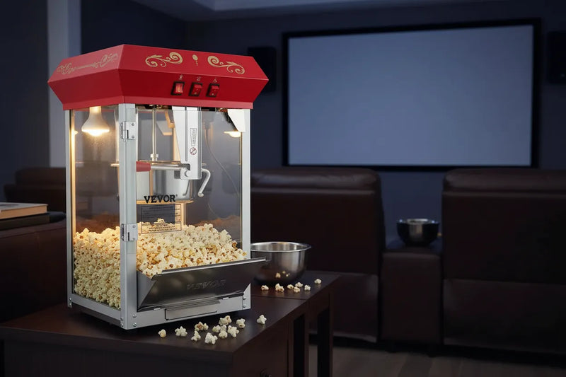 Popcorn popper machine on a table in a home movie room.