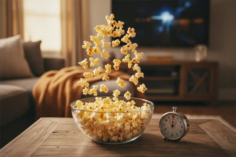 Popcorn spilling out of a bowl on a table with a living room background.