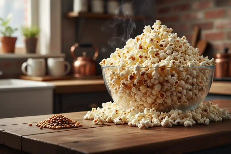 Glass bowl filled with popcorn on a wooden table in a kitchen setting.