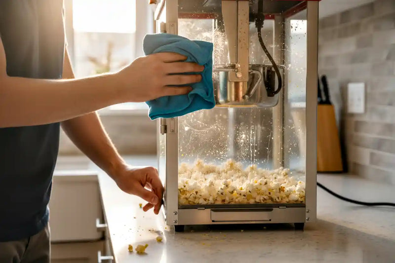 Person cleaning a popcorn popper with a blue cloth in a kitchen.