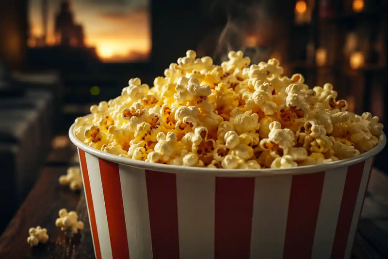 Homemade theater popcorn in a classic movie theater tub during movie night at home.