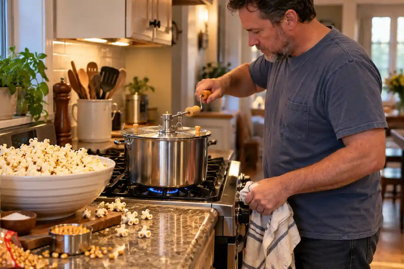 Man turning the crank on a stovetop popcorn popper while making fresh popcorn in his kitchen.