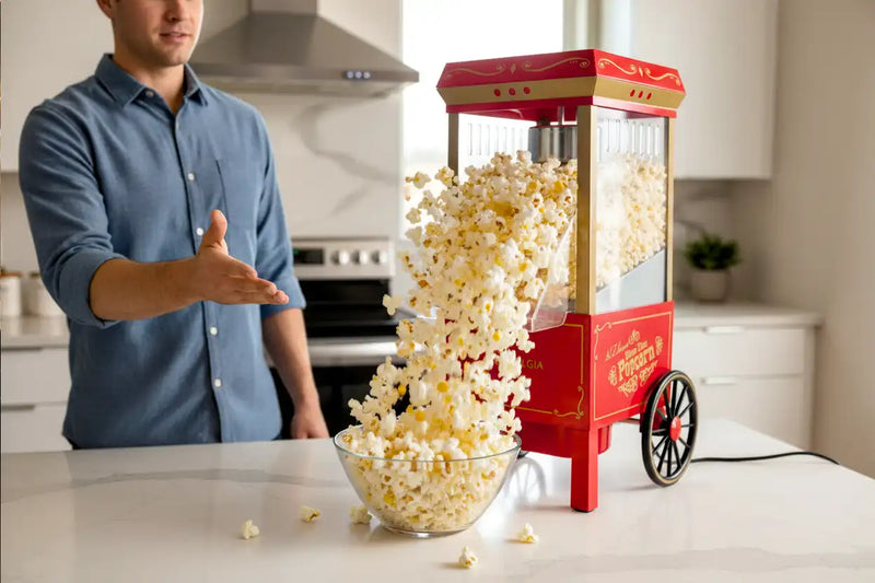 How to use an air popcorn popper as fresh popcorn and kernels shoot from the chute into a bowl.