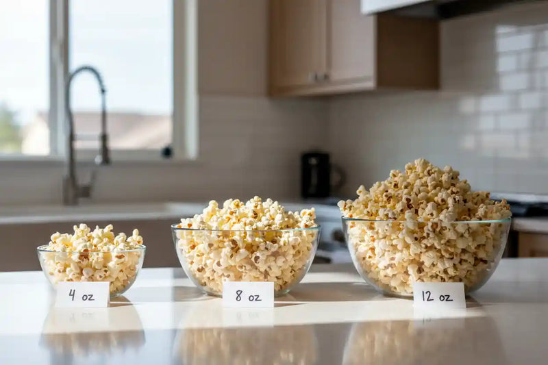 Three bowls of popcorn labeled with quantity on a kitchen counter.