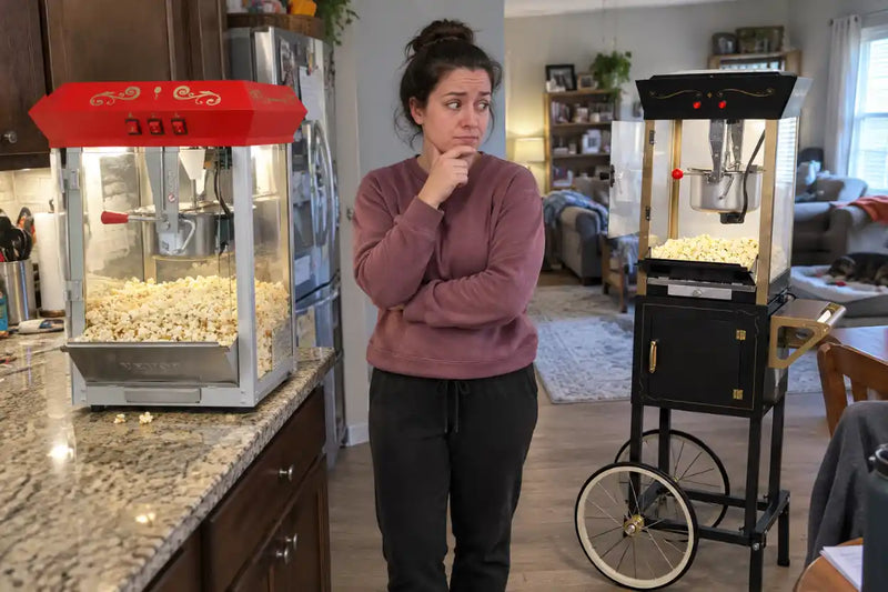 Person comparing a popcorn machine with a cart to a countertop popcorn machine without a cart.