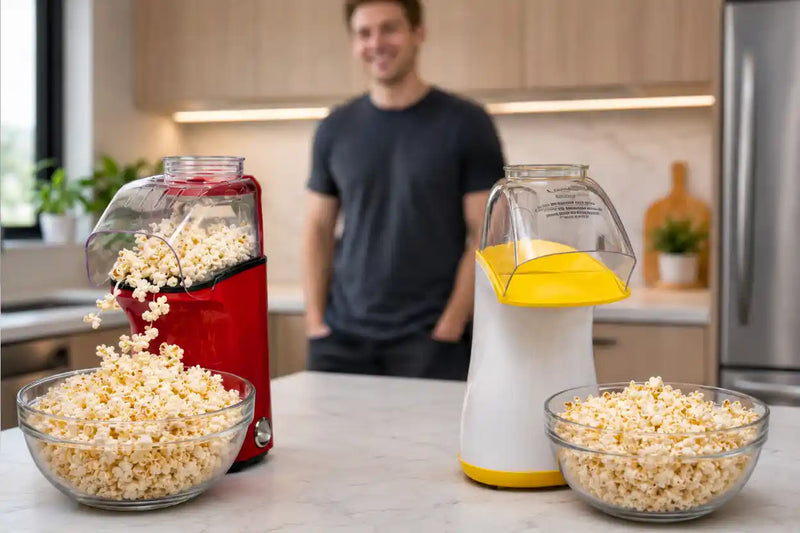 Presto Poplite and Cuisinart dispensing popcorn into bowls with a person in the background.