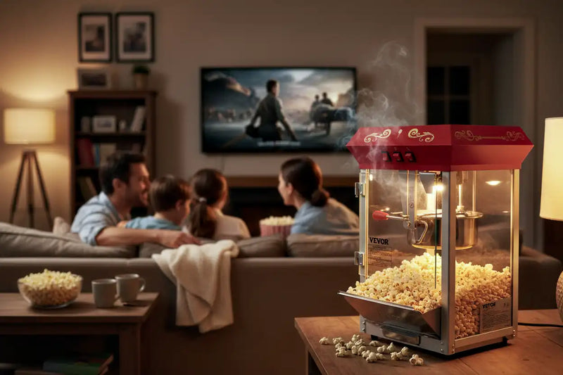 VEVOR popcorn machine making fresh theater-style popcorn during a home movie night.