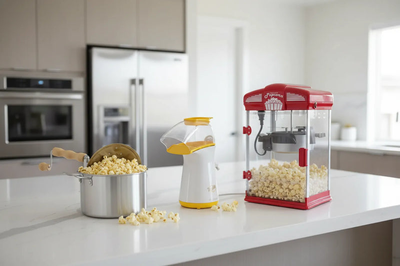 Popcorn popper machines on a kitchen counter.