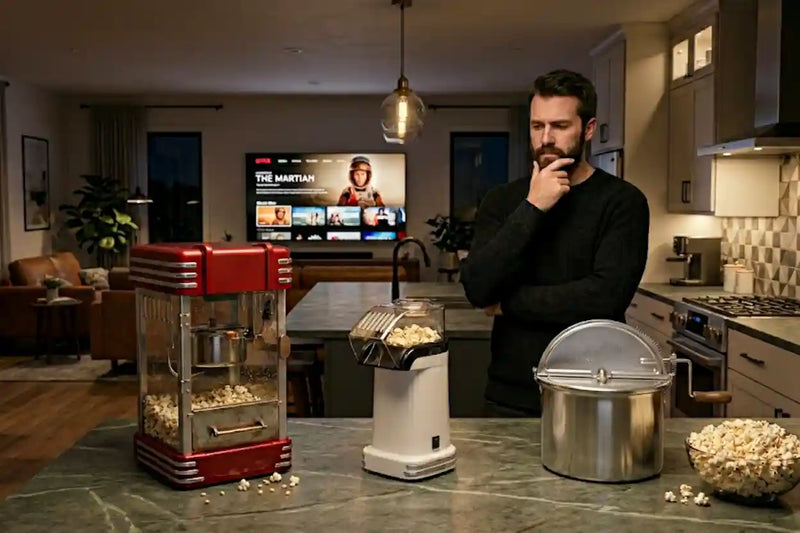 Man standing in a kitchen trying to decide what popcorn popper should he buy.