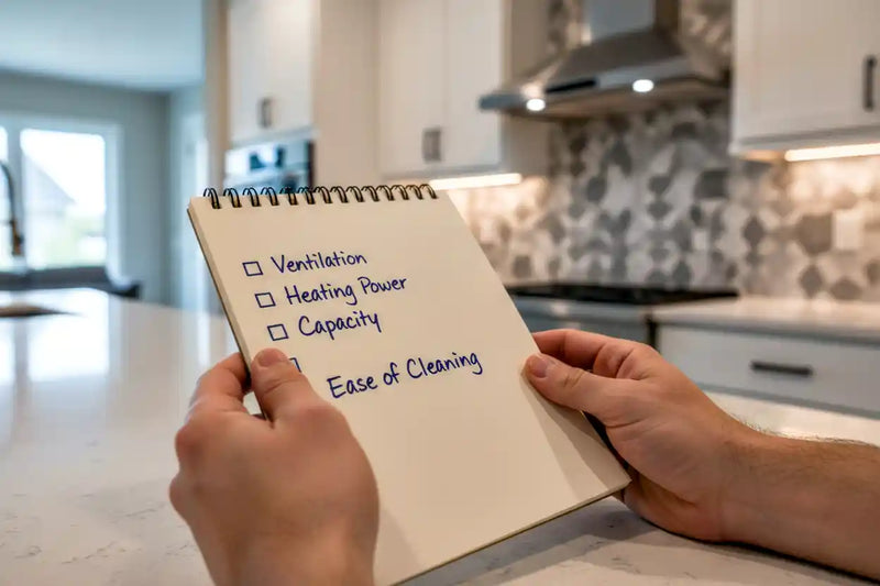 Person holding a notepad with checklist of what to look for in a popcorn popper machine.