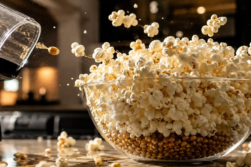 Air popcorn popper leaving unpopped kernels in a bowl of freshly popped popcorn.