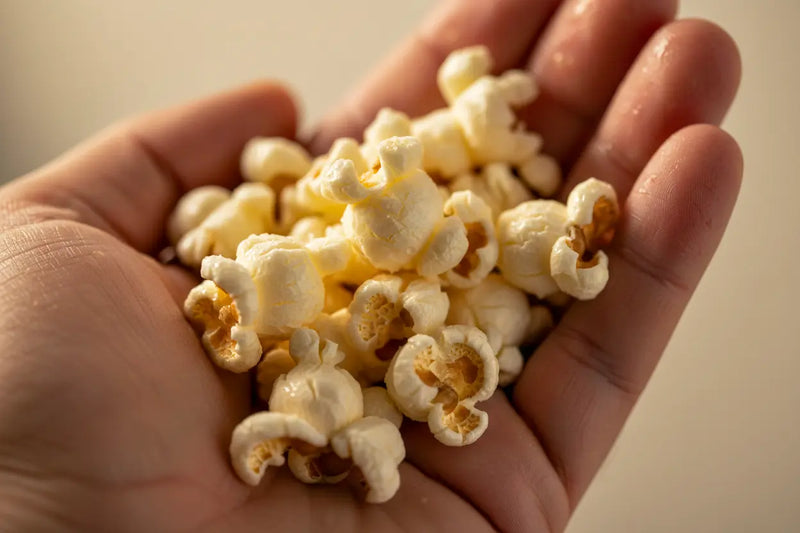 Hand holding soggy popcorn caused by a popcorn machine.