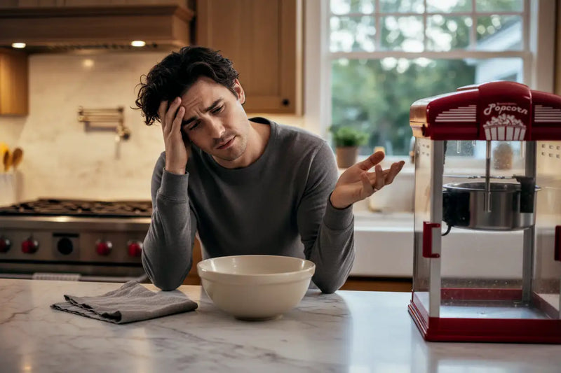 Person in kitchen looking frustrated beside an empty bowl after a popcorn popper stopped working.