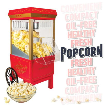 Air pop popcorn machine with a bowl of popcorn and text highlighting benefits.