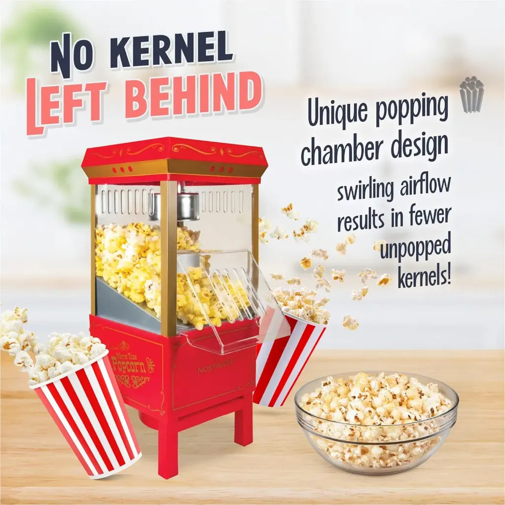 Air pop popcorn machine with popped popcorn, and text about kernel efficiency.