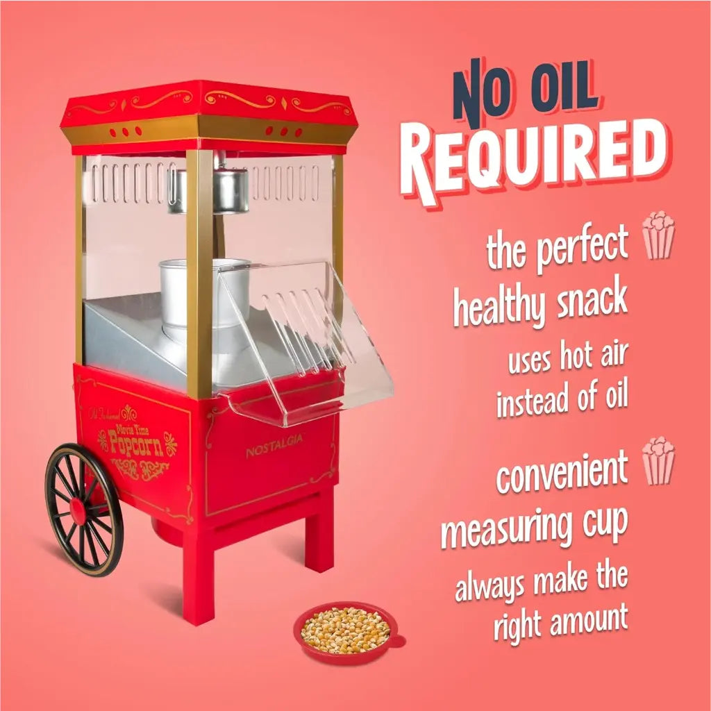 Air pop popcorn machine with no oil required text.
