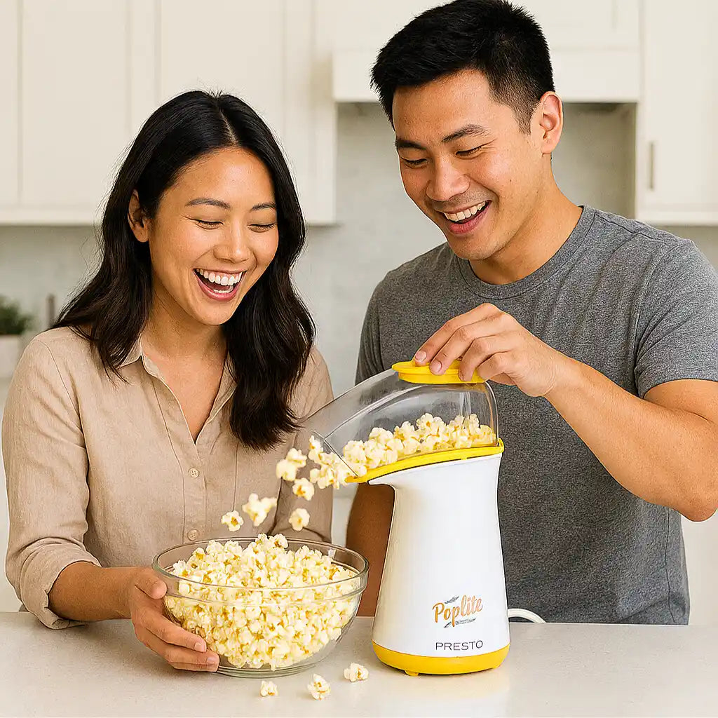 Two people enjoying popcorn from a air pop popcorn popper in a kitchen.