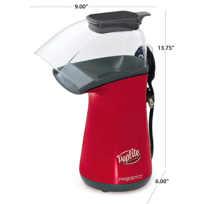 Red air pop popcorn popper with dimensions labeled on a white. background