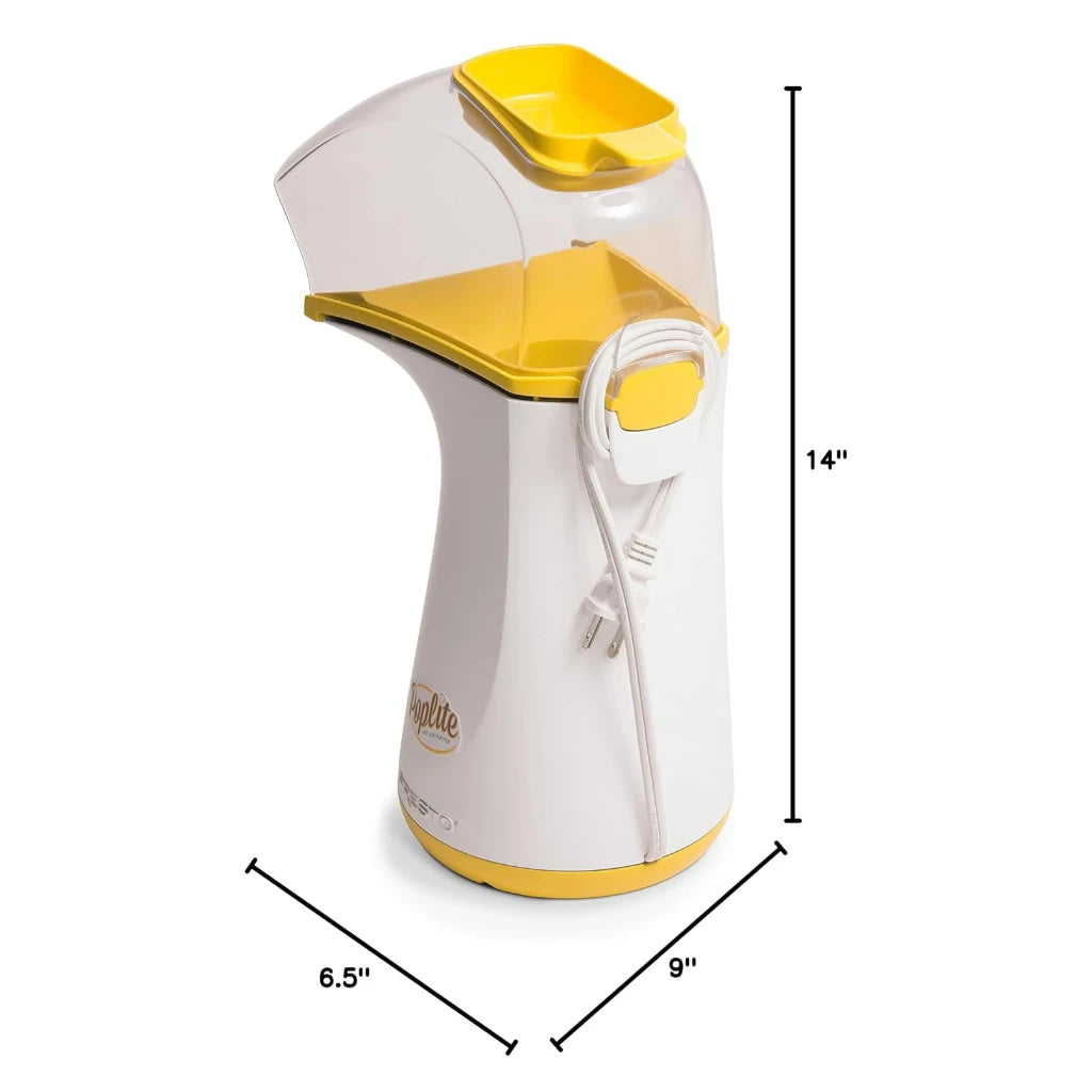 Air pop popcorn popper with dimensions on a white background.