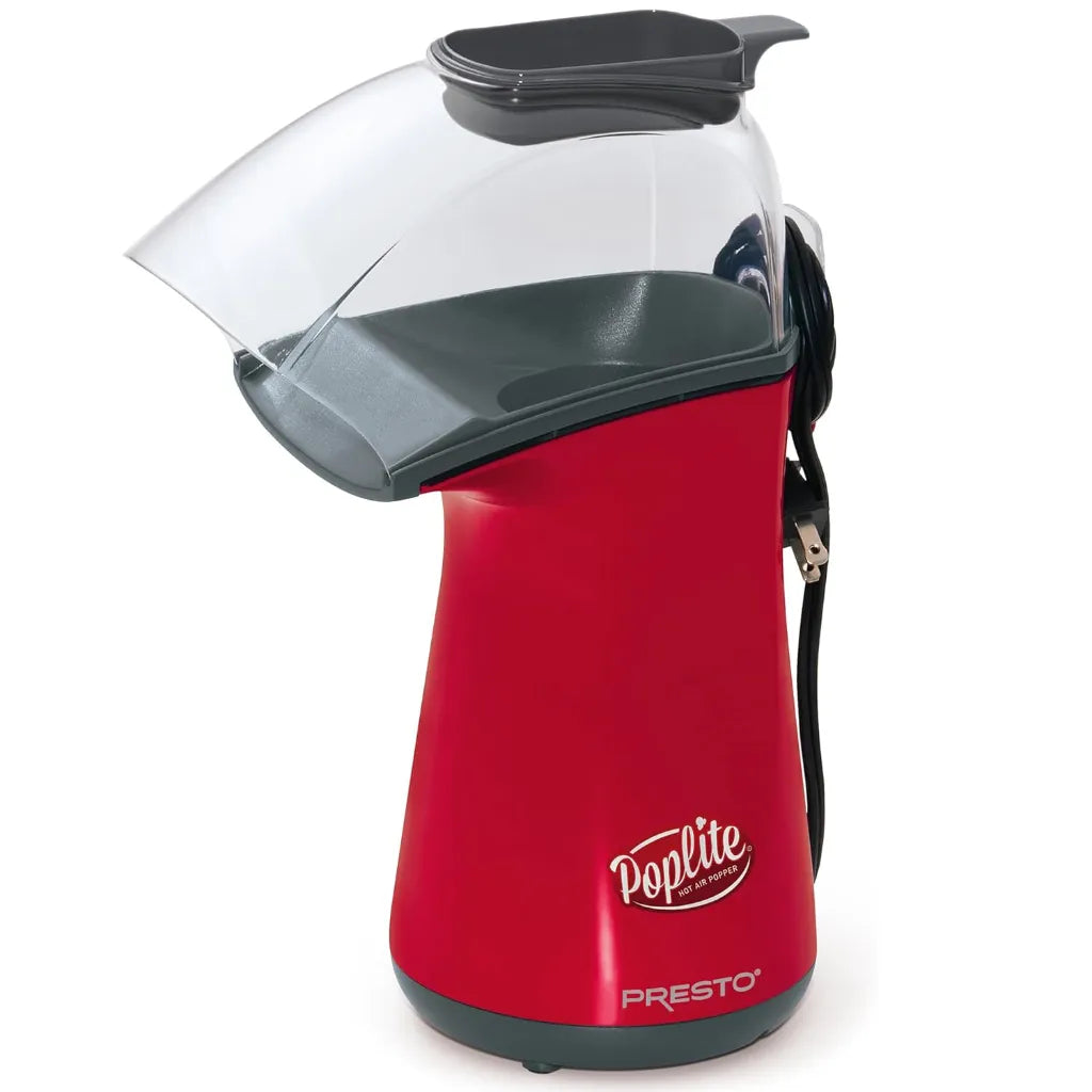 Red air pop popcorn popper with black accents on a white background.