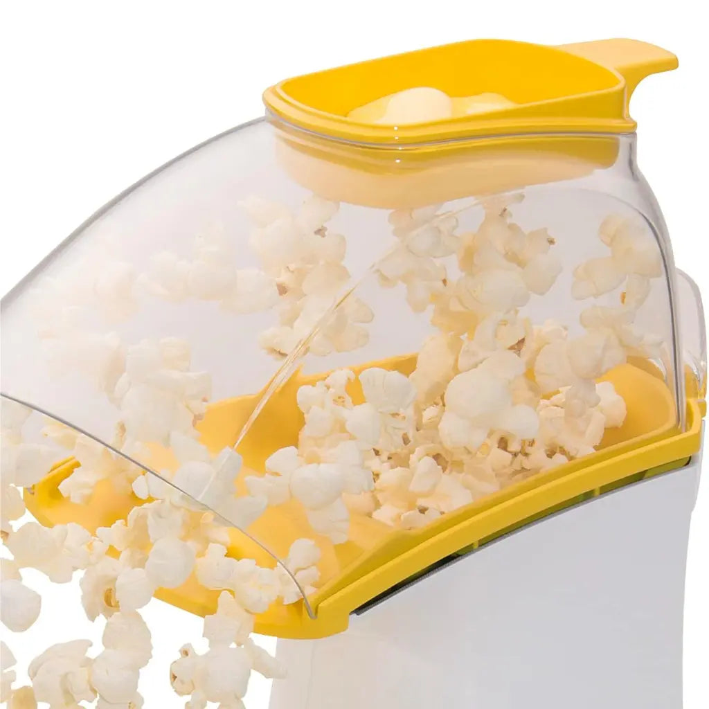 Air pop popcorn popper with yellow top filled with popcorn.
