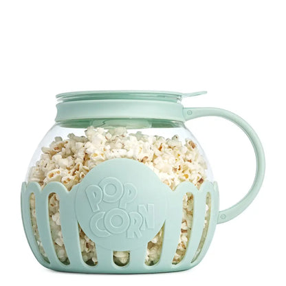 Aqua microwave popcorn popper with popcorn inside.