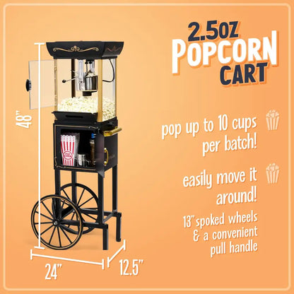 Black home cinema popcorn machine with dimensions.