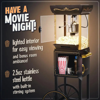 Black home cinema popcorn machine with lighted interior.
