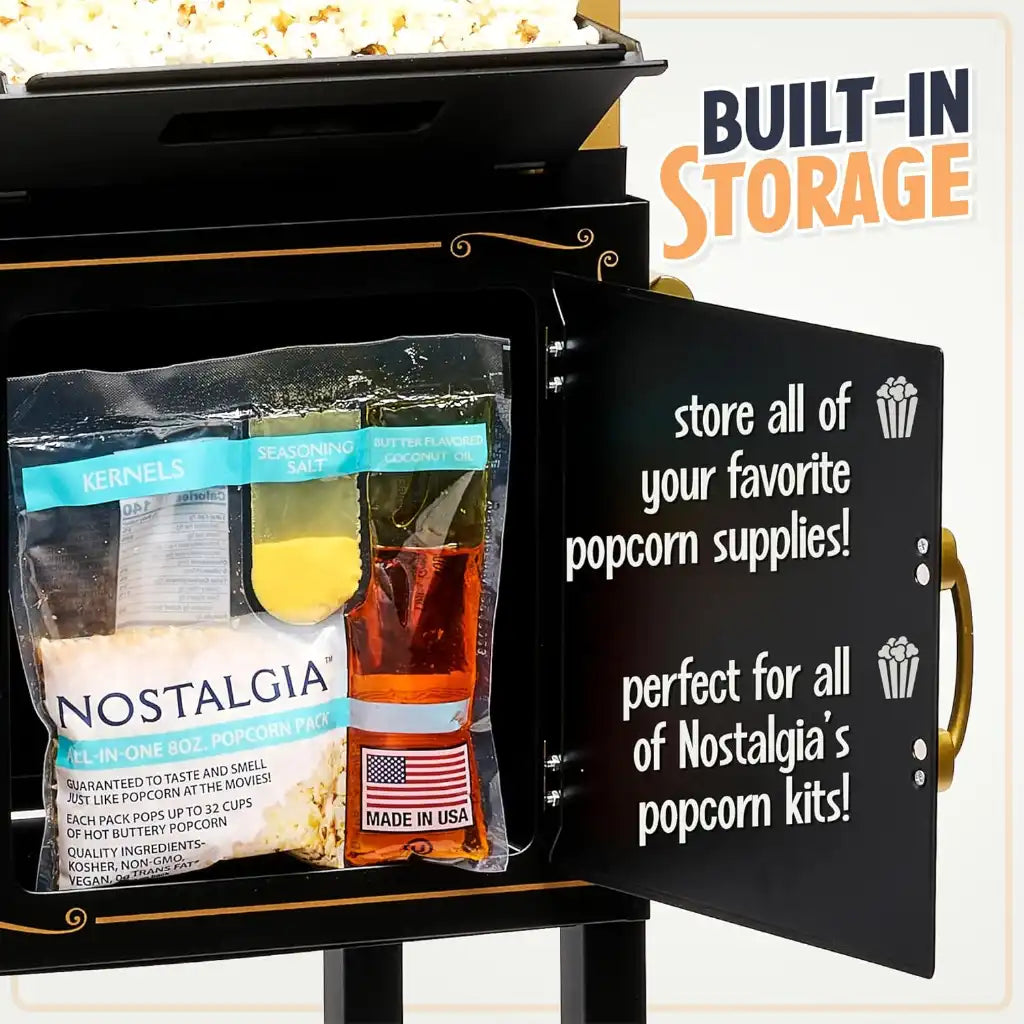 Black home cinema popcorn machine with built-in storage.