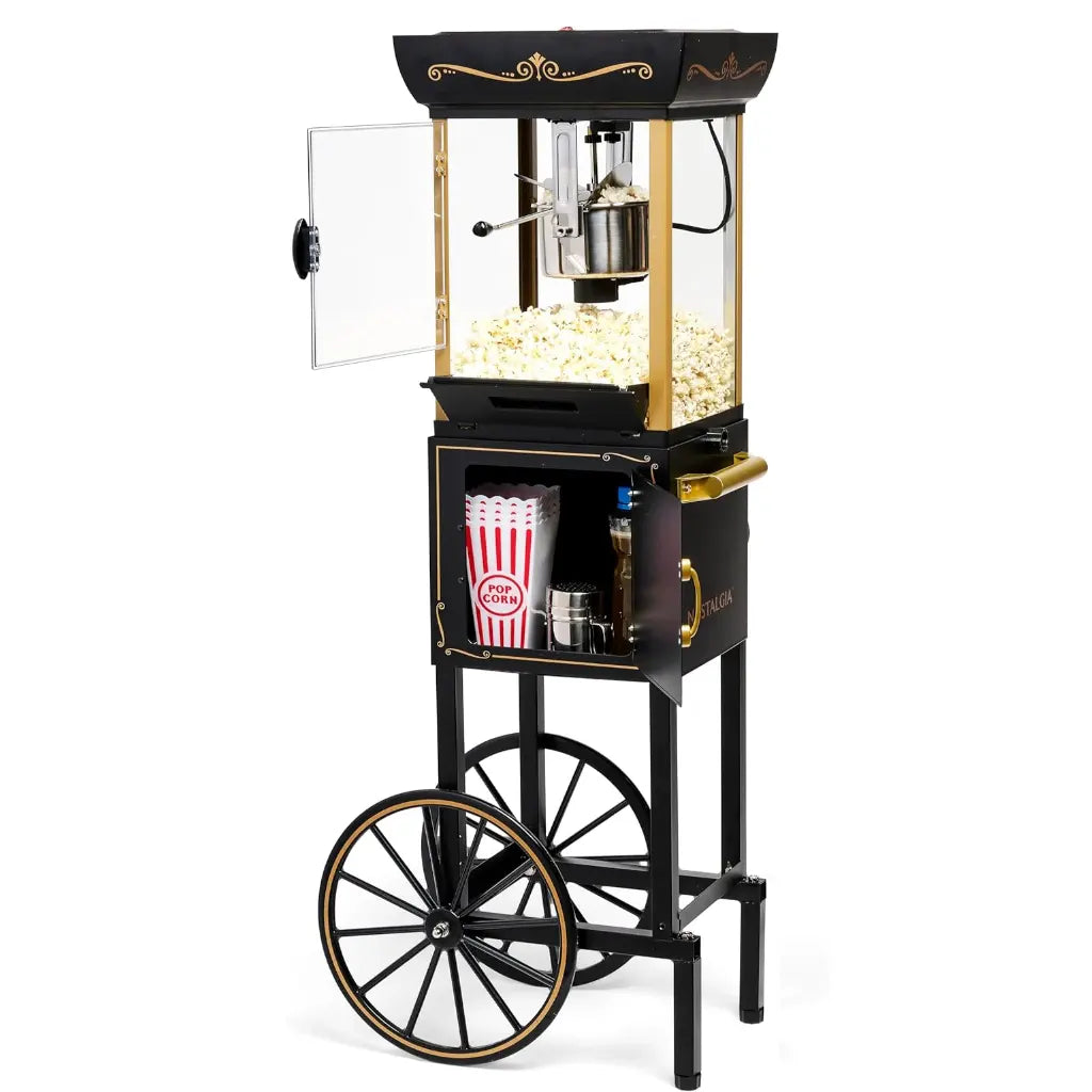 Black home cinema popcorn machine on cart with wheels.