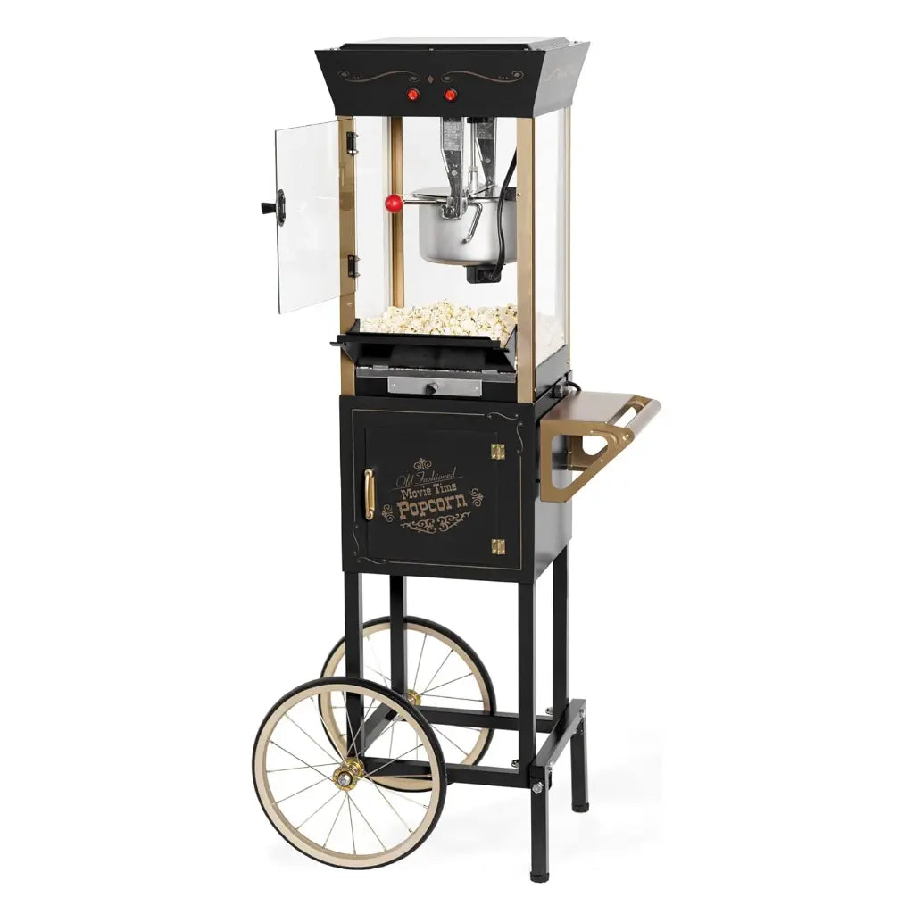 8 Oz black home movie theater popcorn machine with cart.