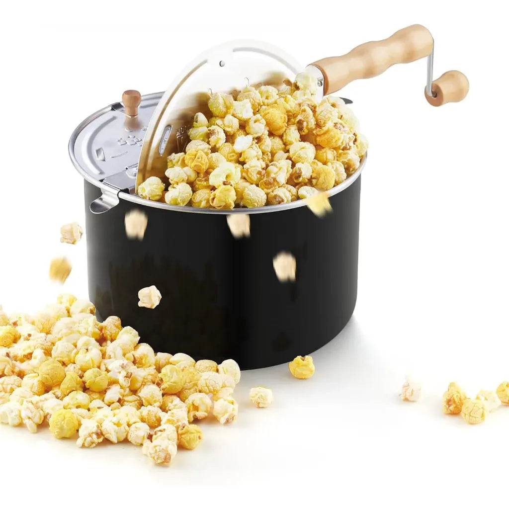 Black stovetop popcorn popper with wooden handle.