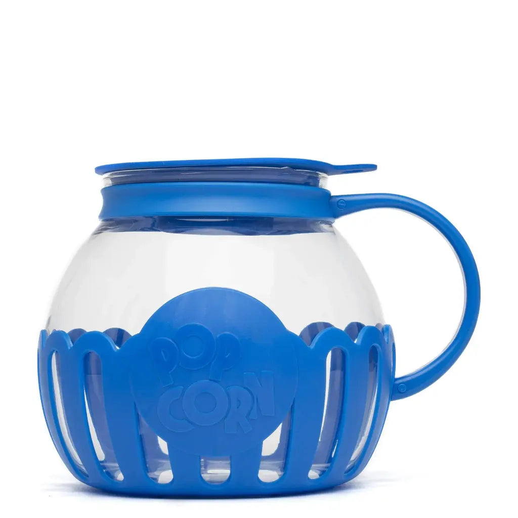 Blue microwave popcorn popper.