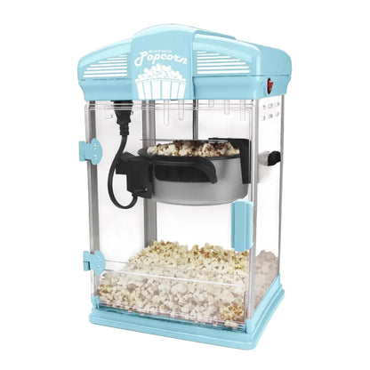 Light blue popcorn popper machine  with popped popcorn inside.