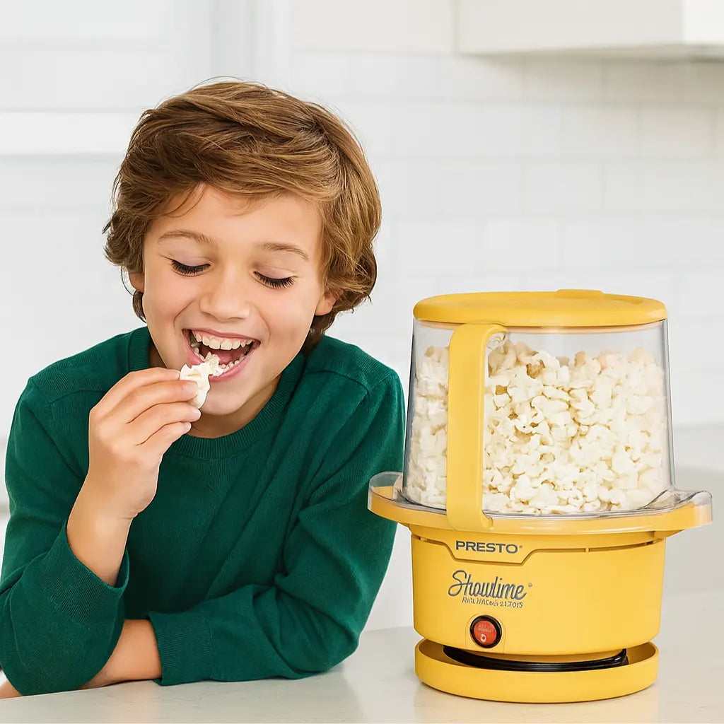 Child eating popcorn next to an oil popcorn popper.