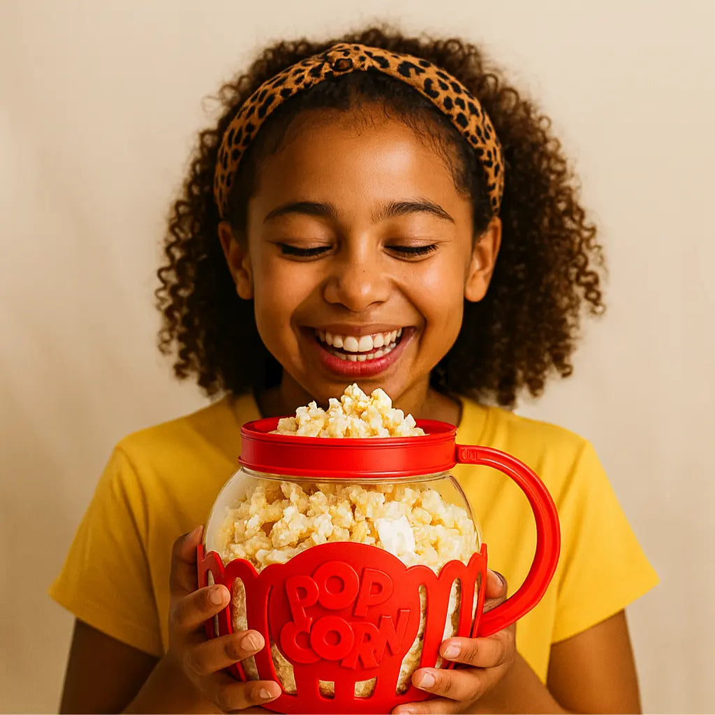 Child holding a microwave popcorn popper that's filled with popcorn.
