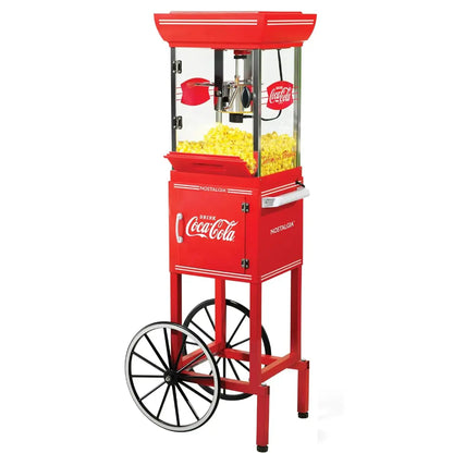 Red coca-cola home cinema popcorn machine on cart with wheels.