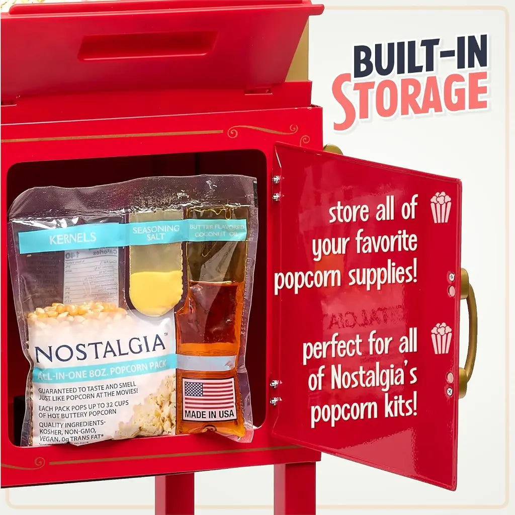 Home cinema popcorn machine with open door showing the built in storage feature.