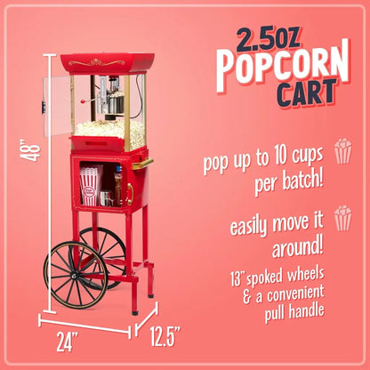 Home cinema popcorn machine on cart with dimensions and features.
