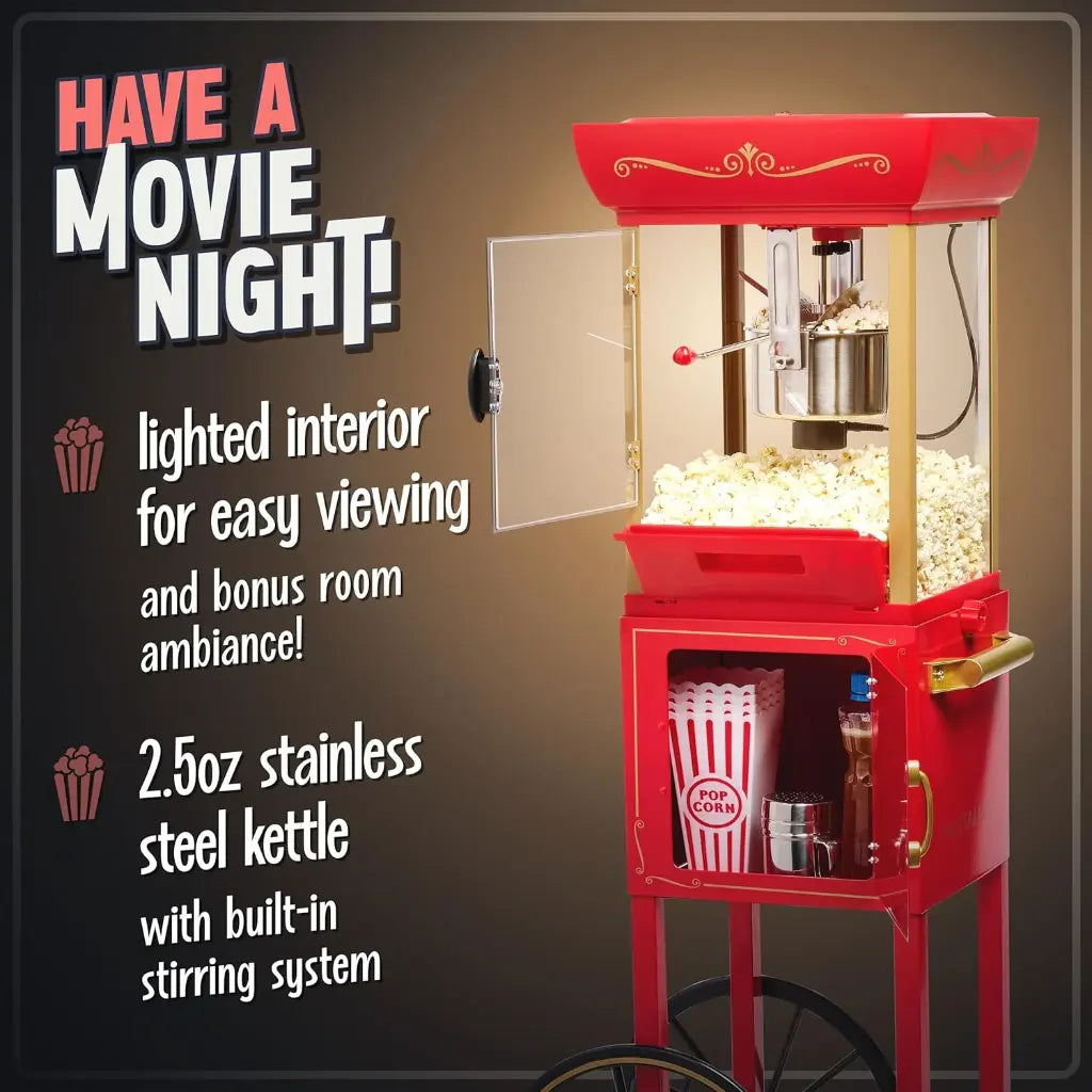 Home cinema popcorn machine on cart with text promoting a movie night.