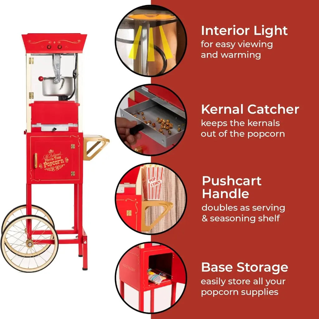 Home movie theater popcorn machine with features highlighted.
