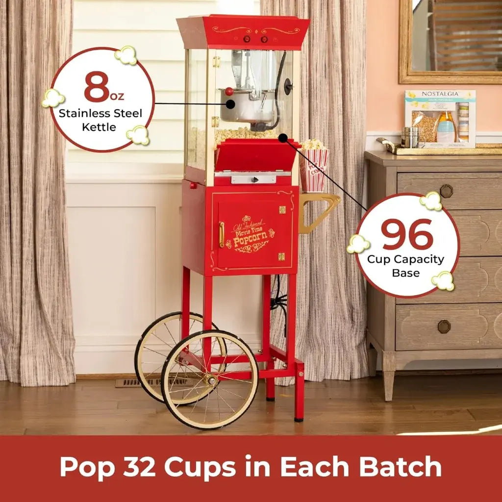 Home movie theater popcorn machine with cart in a room setting, showing capacity and kettle size.