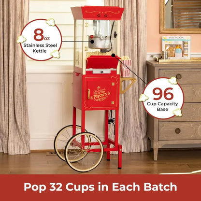 Home movie theater popcorn machine with cart in a room setting, showing capacity and kettle size.