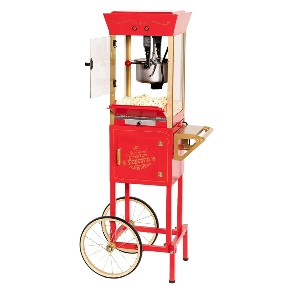 Home movie theater popcorn machine on cart with wheels.